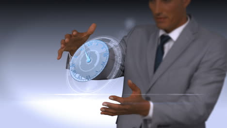 a businessman holding virtual clock