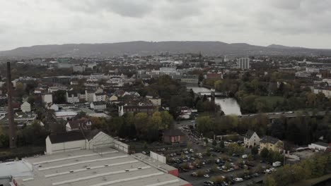 Drone-Aerial-Shot-of-the-river-Fulda-in-Kassel-in-Germany,-Hessen,-Europe