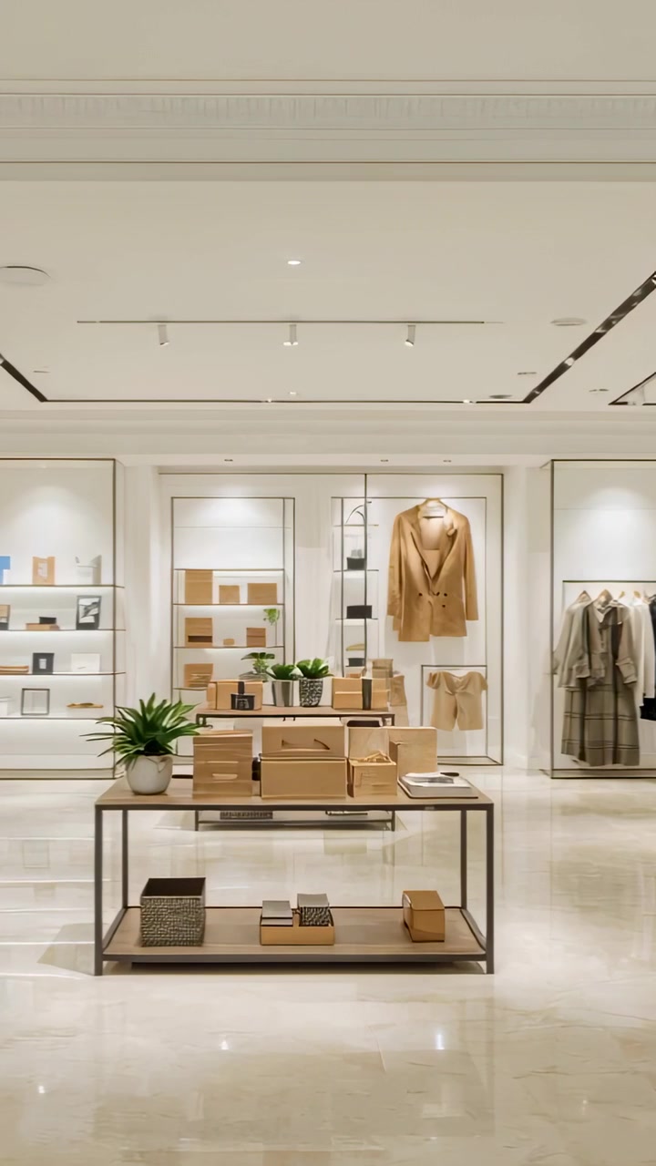 Vertikal video: Kameraet bevæger sig frem og afslører et bord i en butik, der viser kasser, en plante og en beige blazer til salg.