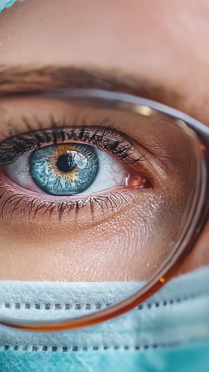 Immagine ravvicinata che cattura le complessità di un occhio dietro occhiali e una mascherina, evidenziando le caratteristiche dettagliate e le variazioni di colore nell'iride