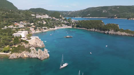 beautiful drone shot of paleokastritsa, corfu, greece