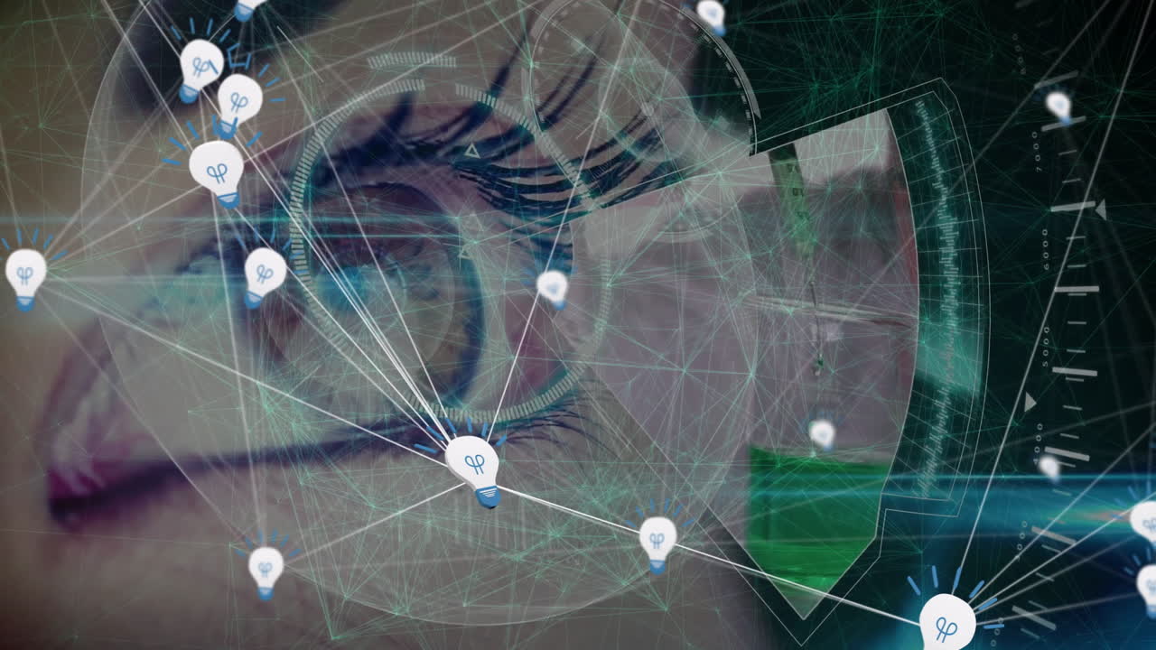 Animation overlaying human eye with digital network connections and geometric shapes
