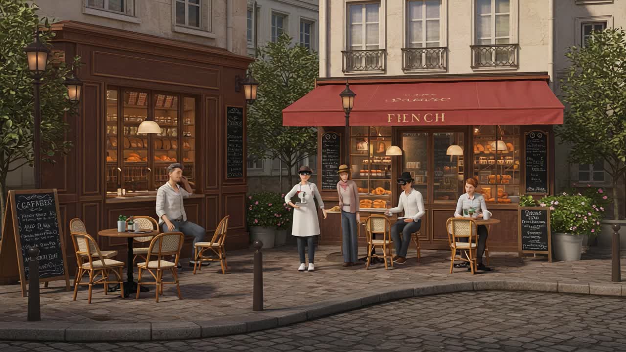 A Vibrant Café Scene Depicting Daily Life in a Charming French Street with Patrons Enjoying Pastries and Conversations Outside a Quaint Bakery