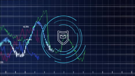 animation of financial data processing and scope scanning over blue background