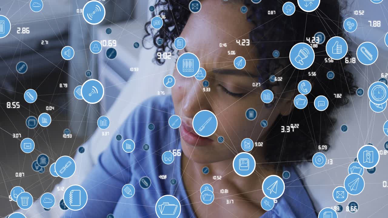 Animation of network of connections with icons over african american woman