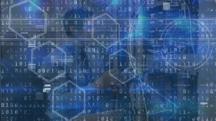 Animation of bianry coding, data processing over caucasian male it technician with server