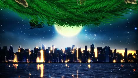 animation of santa claus in sleigh with reindeer moving over moon and winter landscape