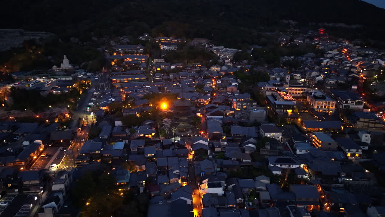Aerial drone view of the Yasaka Shrine in the evening