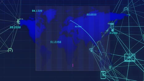 Animation-of-graphs,-numbers,-connected-icons-forming-globe-and-map-over-black-background