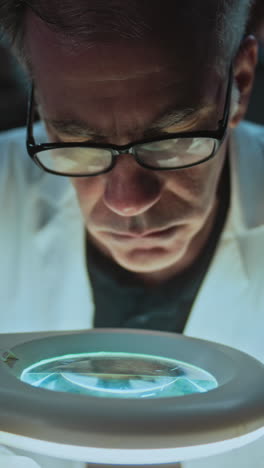 scientist examining a hip bone under a magnifying glass in a laboratory setting