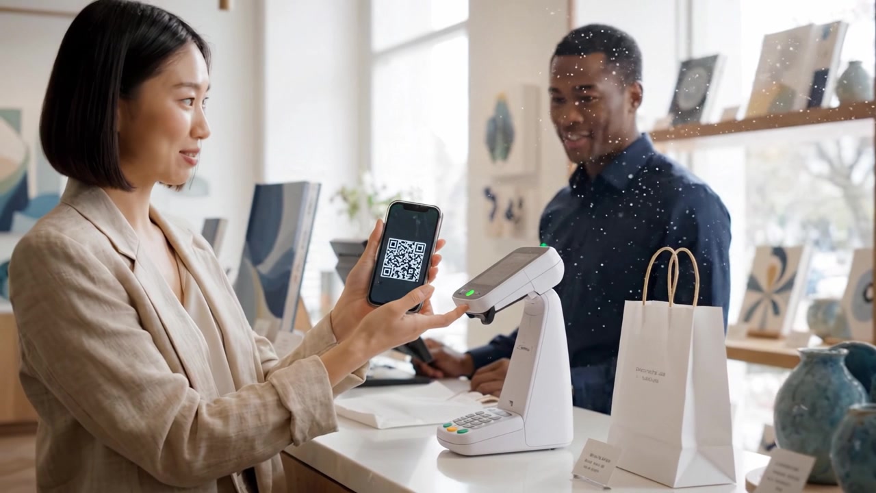 A woman uses her smartphone to make a contactless payment through a QR code at a retail store, showcasing modern transactions and digital payment technology.