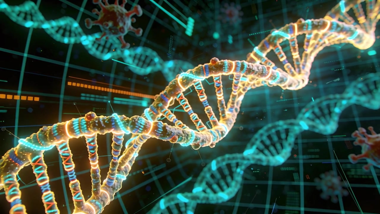 Elica di DNA in rotazione che mostra dettagli in una griglia olografica, con virus alla deriva e la telecamera che si avvicina per lo studio.