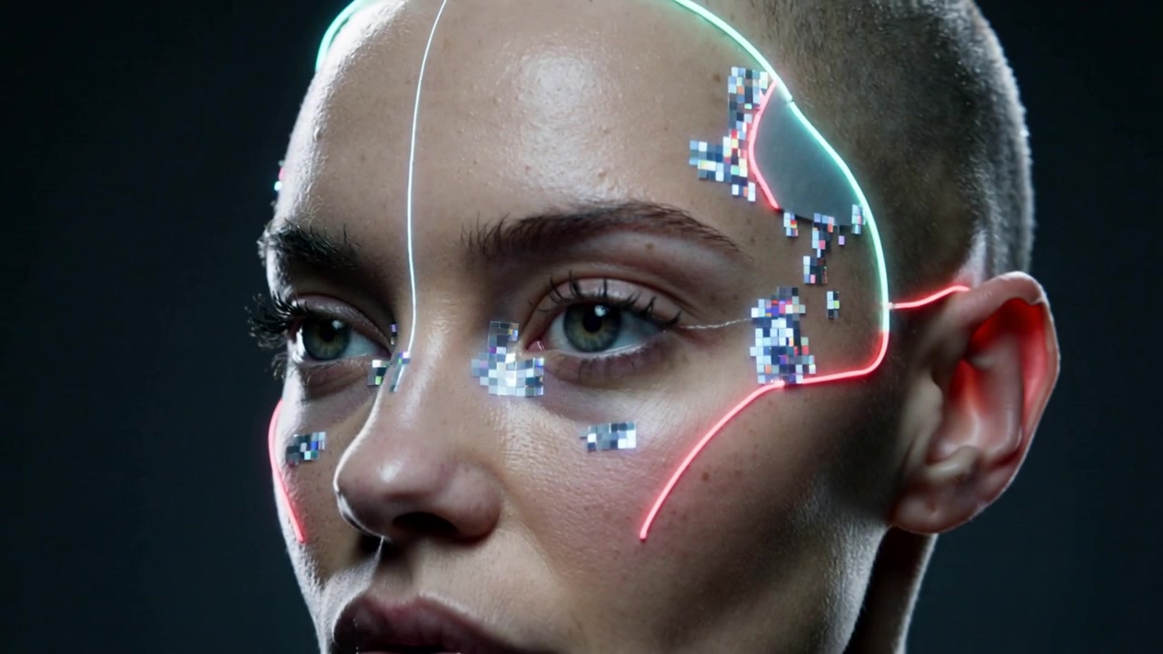 La Telecamera si Allontana Rivelando una Modella Ispanica che Ammicca con Filamenti al Neon e Piastrelle Pixelate in Studio