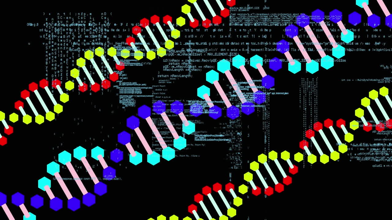 animación del adn y la estructura molecular girando sobre el procesamiento de datos contra un fondo negro