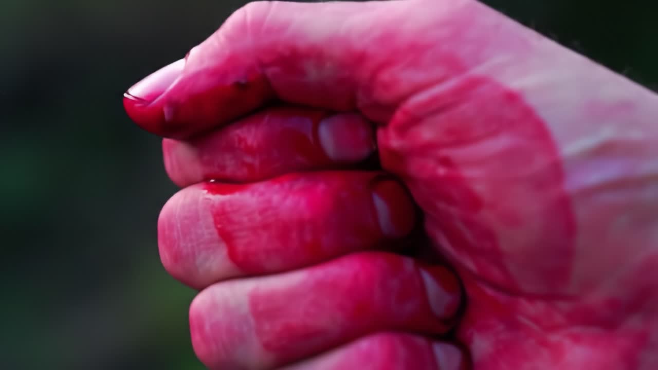 A Close-Up of a Hand Clenching with Vivid Red Stains, Symbolizing Passion, Anger, or Artistic Expression in a Bold and Evocative Way