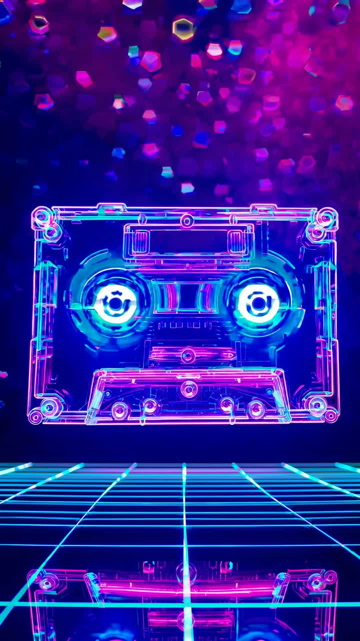 Futuristic neon cassette with a retro vibe, viewed from a low angle