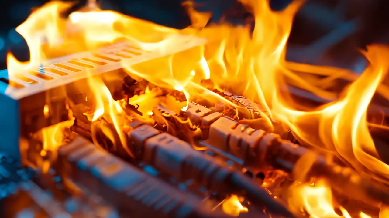 파란색 배경으로 불타는 컴퓨터 마더보드