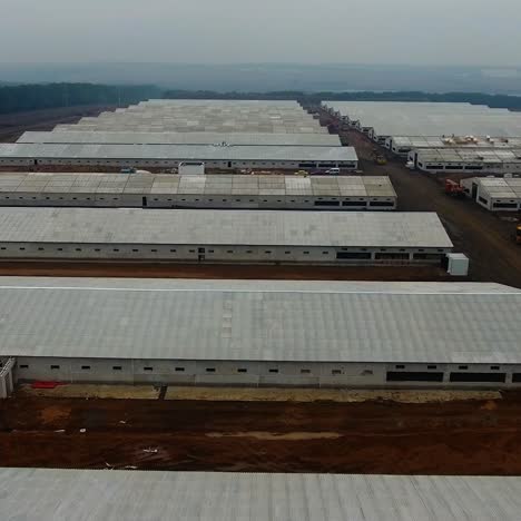 modern animal farm building. long hangars in the farm. white roofs of new industrial buildings