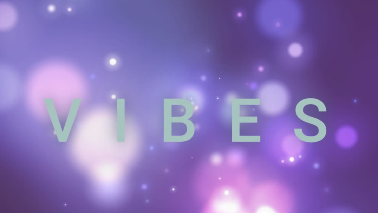 Animação do texto "vibes" em azul, com luzes bokeh cintilantes em fundo roxo.