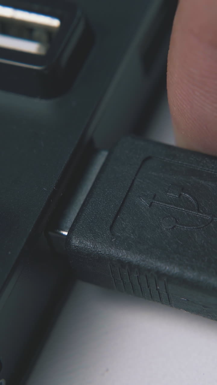 young man connects usb cable to modern hub in black plastic case on white background extreme close view