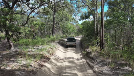 off road truck drives on rutted deep sandy road through open forest