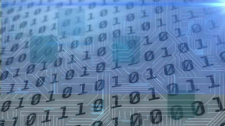 Animation of binary coding, data processing over glowing computer circuit board