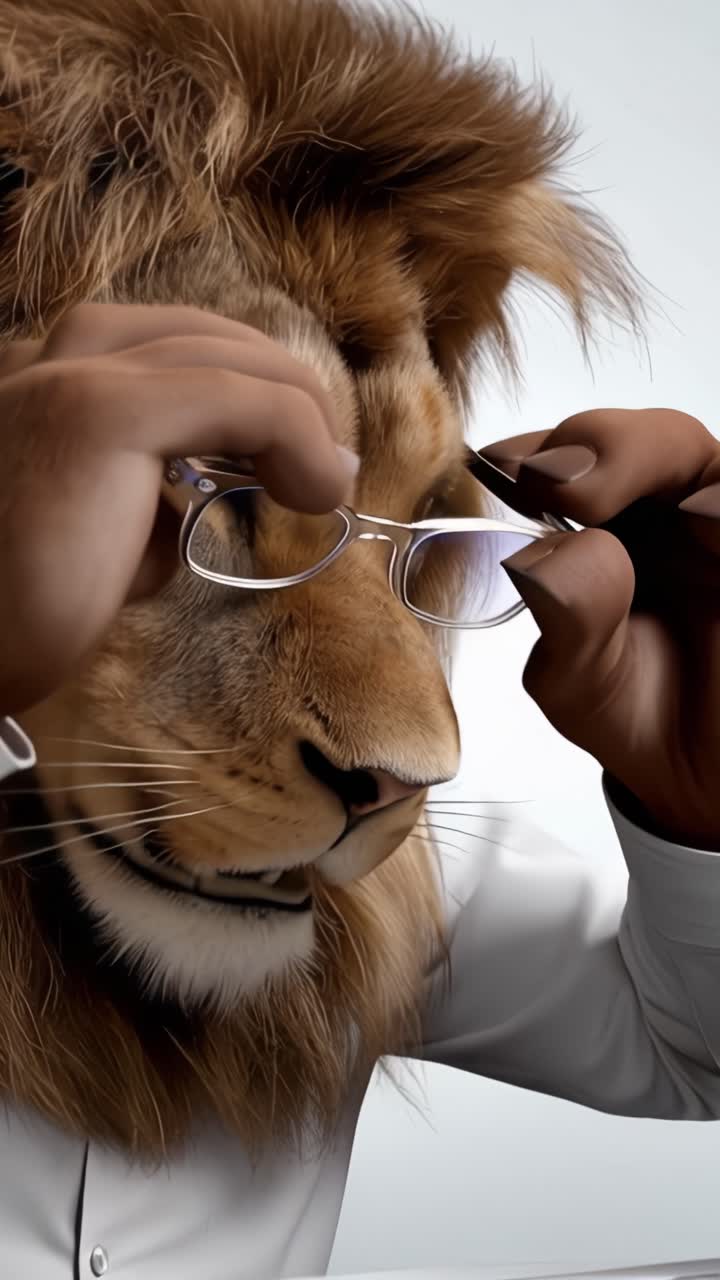 Un leone con gli occhiali digita diligentemente su una tastiera, combinando la grandezza animale con la tecnologia moderna e rappresentando intelligenza e curiosità.