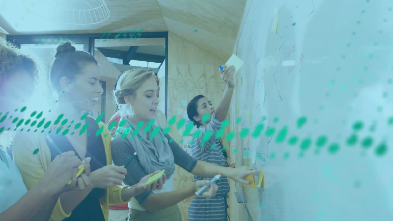 animación de diagramas y procesamiento de datos sobre diversos colegas que discuten el trabajo en la oficina