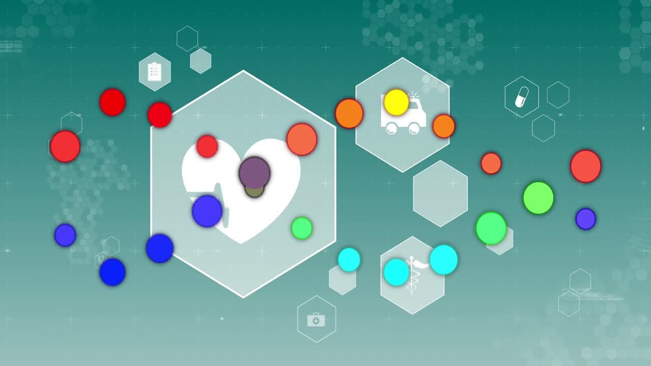 파란색 배경 에 있는 여러 가지 의학 아이콘 에 대하여 dna 구조 를 형성 하는 다채로운 점 들
