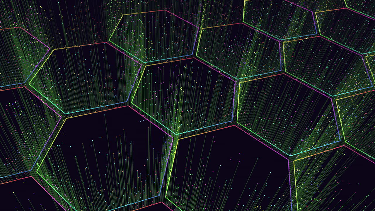 A complex hexagonal pattern formed by intersecting green and purple lines within a hexagon shape, creating an intricate visual design composition