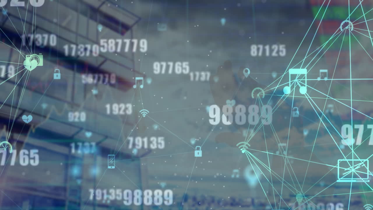 Animation of financial data processing over cityscape with modern office buildings
