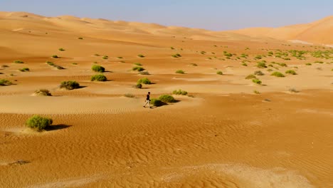 aerial view of a man walking alone in the dunes of sharjah desert, u.a.e.