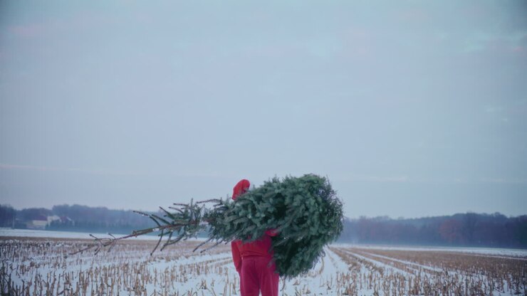 Man in Santa hat carrying Christmas tree on shoulder during winter