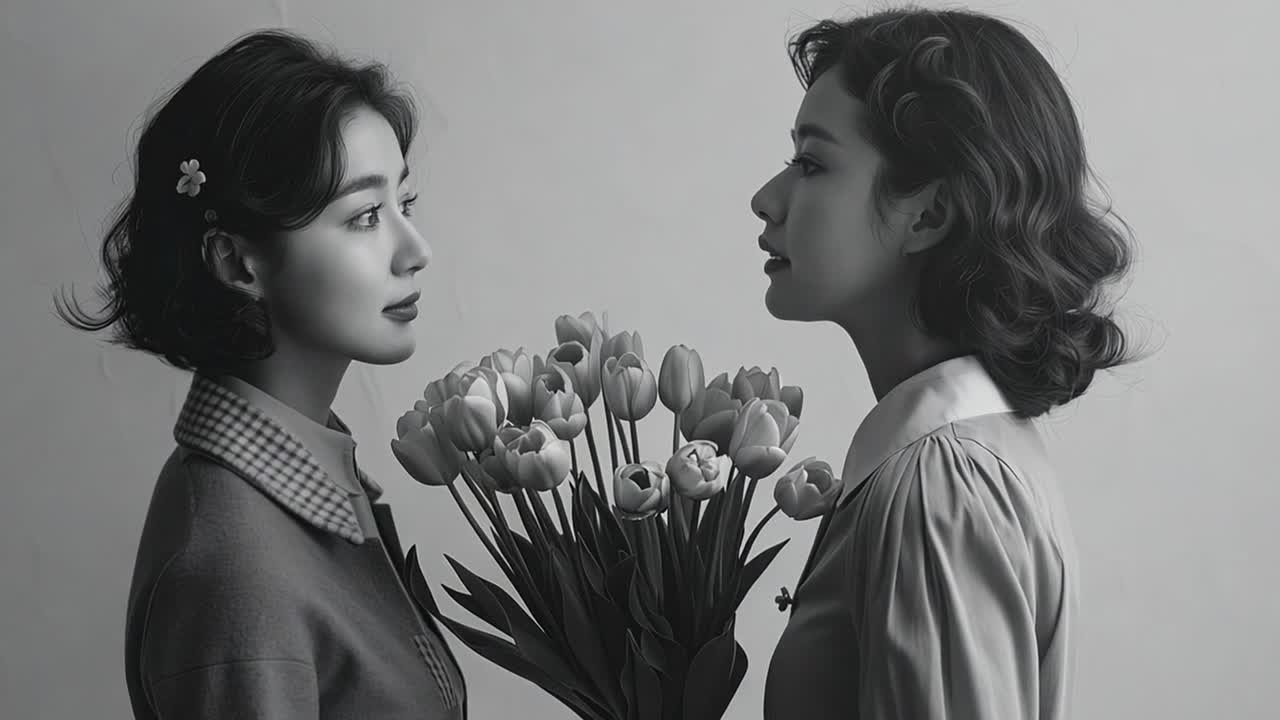 Two Women Exchanging Glances with Tulips in Black and White