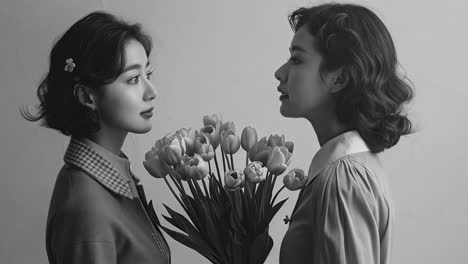 two women exchanging glances with tulips in black and white