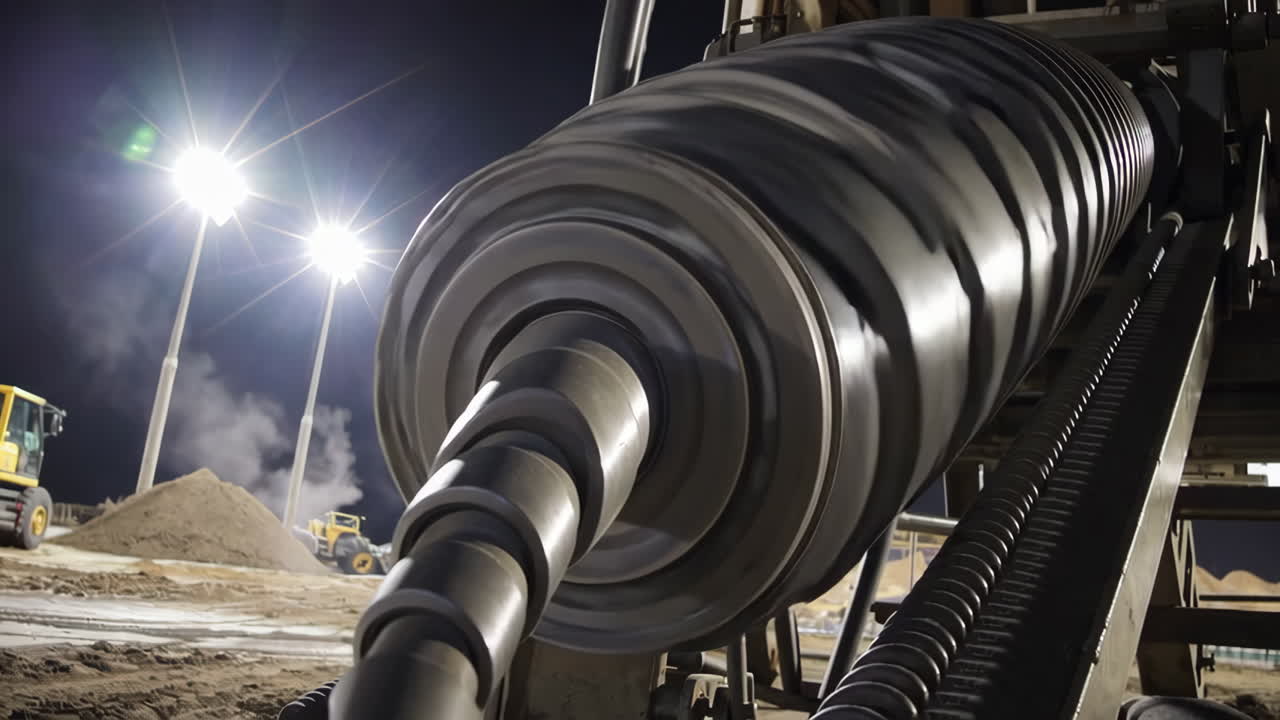 Industrial drilling or processing machinery operating at night