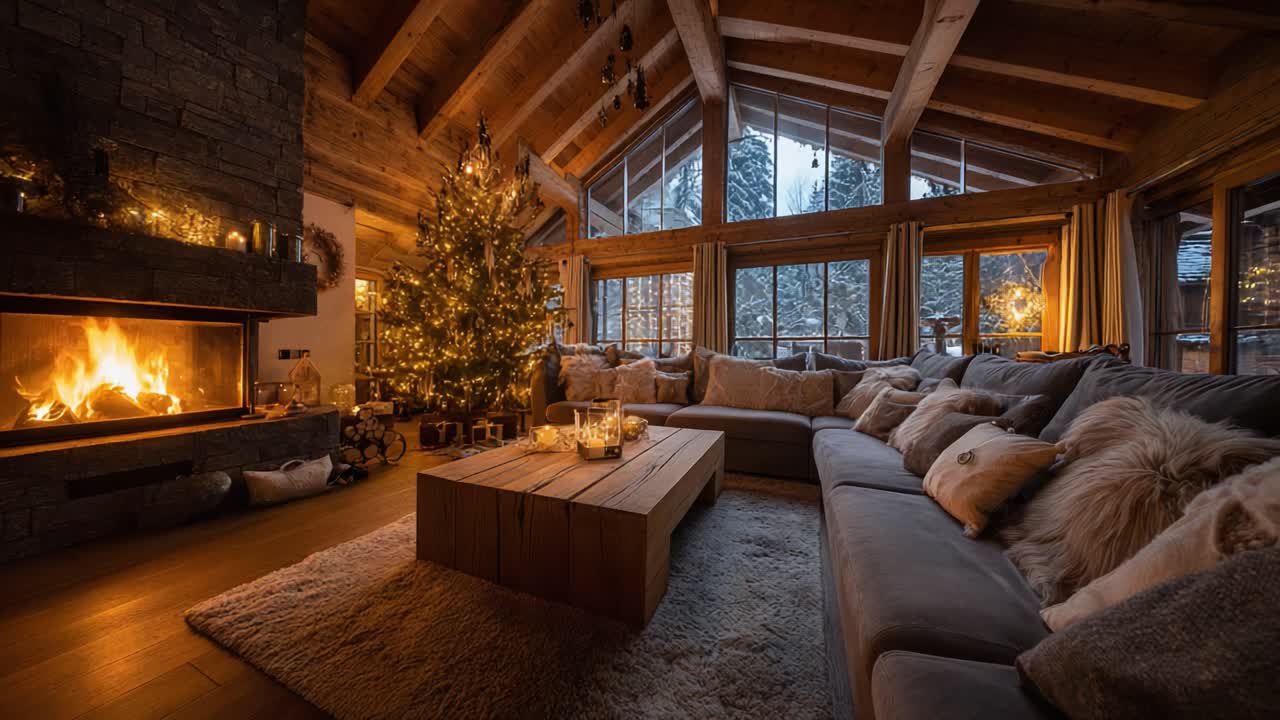Cozy Winter Retreat: Inviting Living Room with a Stunning Fireplace, Festive Christmas Tree, and Warm Decor Enhancing Comfort Amidst Snowy Landscape
