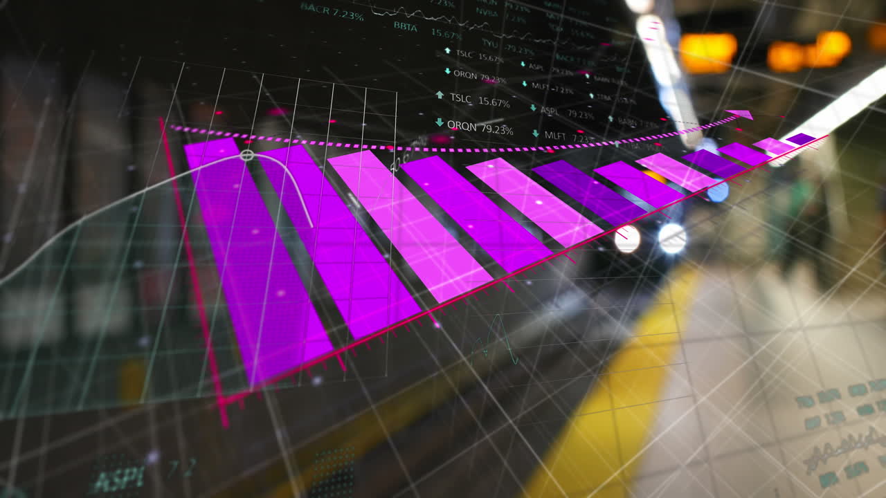 Animation of statistical data processing against view of train arriving at a station