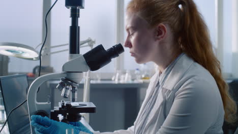 científico usando el microscopio en el laboratorio