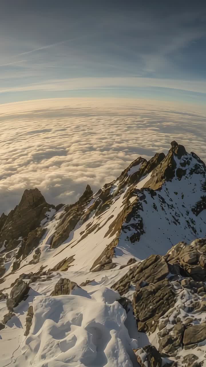 Vídeo vertical: câmera inclinada capturando cordilheira nevada no topo, revelando pico e mar de nuvens abaixo