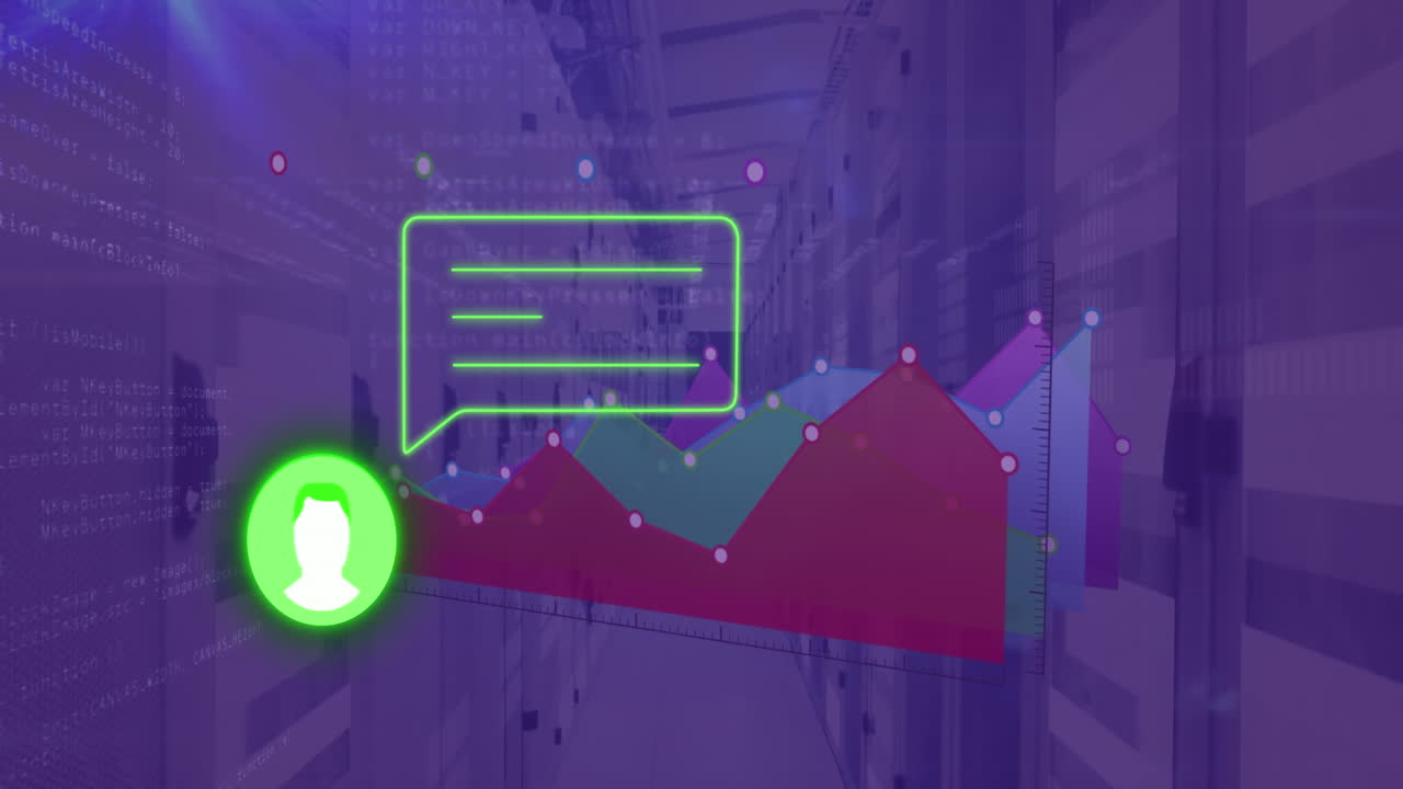 анимация коробки сообщений, значка, графики и компьютерный язык над полосами на стойках серверов данных