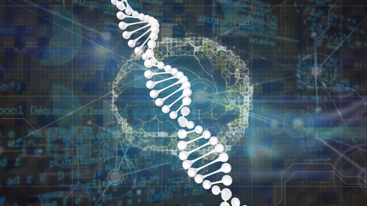 Animation of dna structure, human brain icon and network of connections against data processing