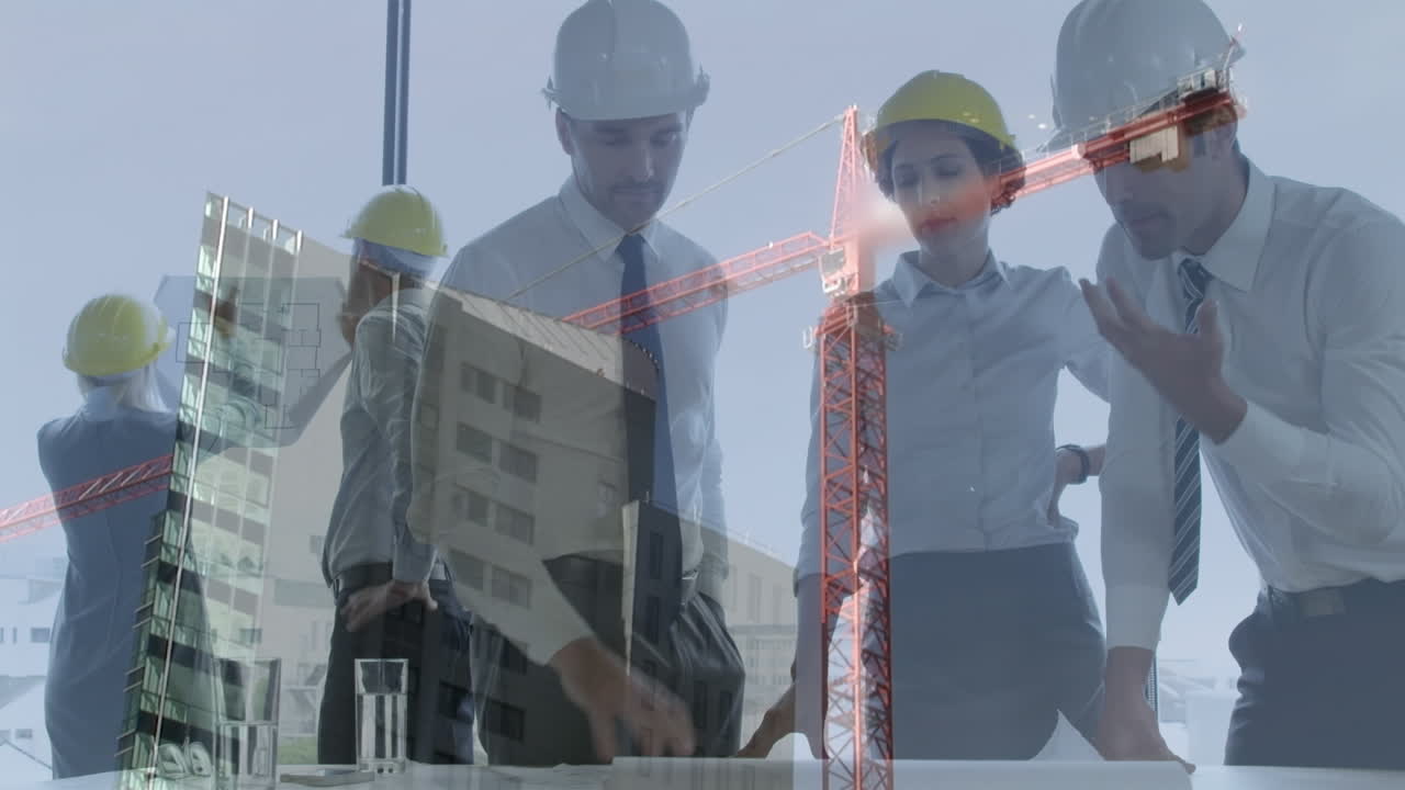 animación del paisaje urbano sobre hombres de negocios caucásicos hablando