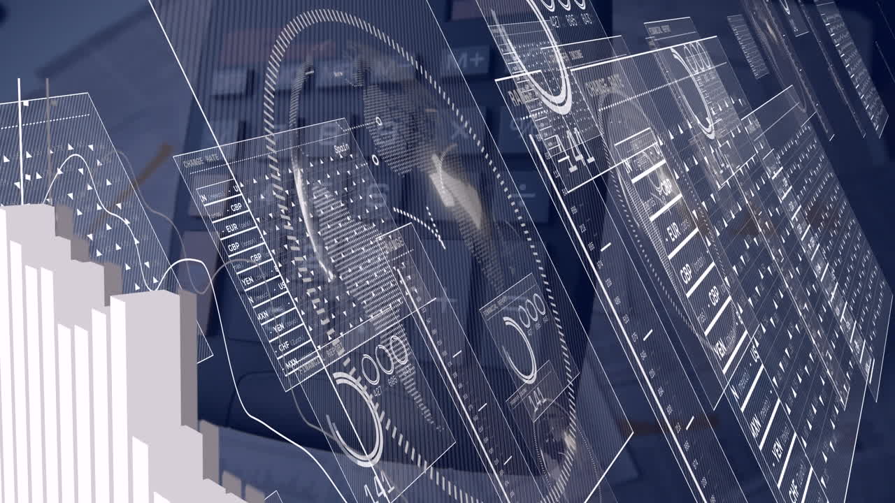 문서 위에 떨어지는 계산기에 대항하여 데이터 처리 인터페이스의 애니메이션