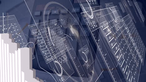 animación de la interfaz con procesamiento de datos contra la calculadora que cae sobre los documentos.