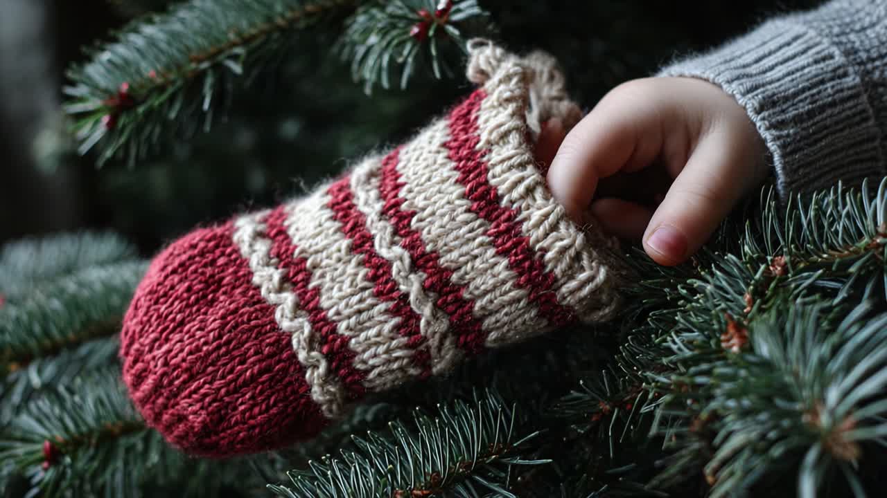 A Cozy Holiday Moment: A Child's Hand Delicately Places a Hand-Knitted Stocking on a Christmas Tree, Emphasizing the Warmth of Family Traditions and Seasonal Spirit