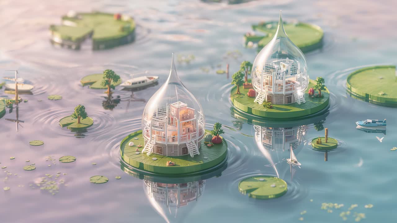 Panning camera bringing right teardrop dome closer while boats creating ripples on calm pond