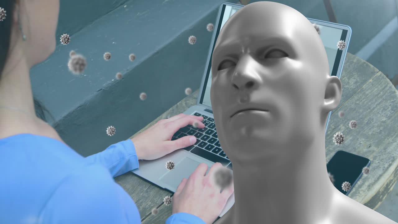 animación de células de covid 19 y busto humano sobre una mujer de negocios en una llamada de video portátil