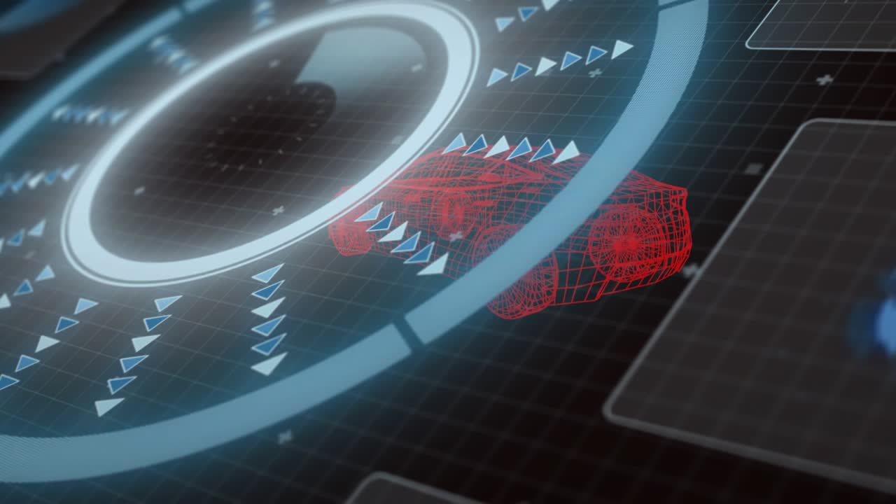 Dark grid loading rotating ring scanning arrows while 3D car model fading and bars, globe animating