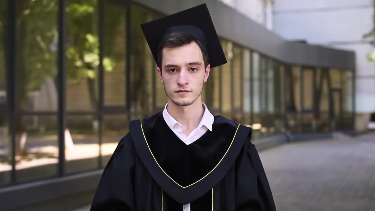 Absolvent školy v akademickém oděvu s černou ochrannou maskou se dívá do kamery. Myšlenka na koronavirus